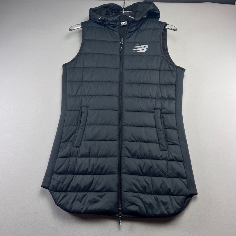 New Balance Puffer Vest Women XS Black Hooded Full Zip Thermal Insulated Outdoor